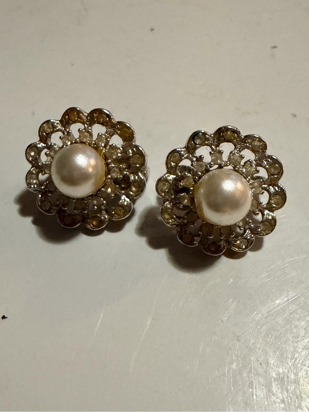 3/$20 Pearl Center Floral Filigree clip on Earrings - Gold Tone